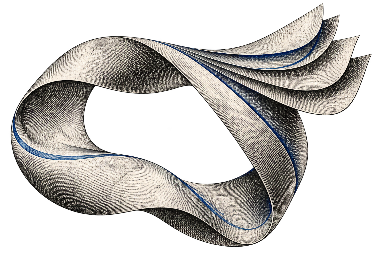 An engraved ribbon folding into a continuous form with blue edges