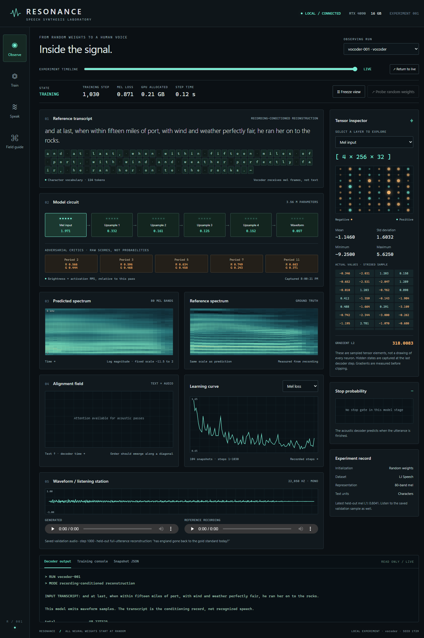 A dark speech model observatory showing spectra, learning curves, and signal measurements