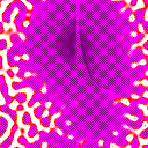 A magenta and white field from the archived artificial universe, with branching local structures